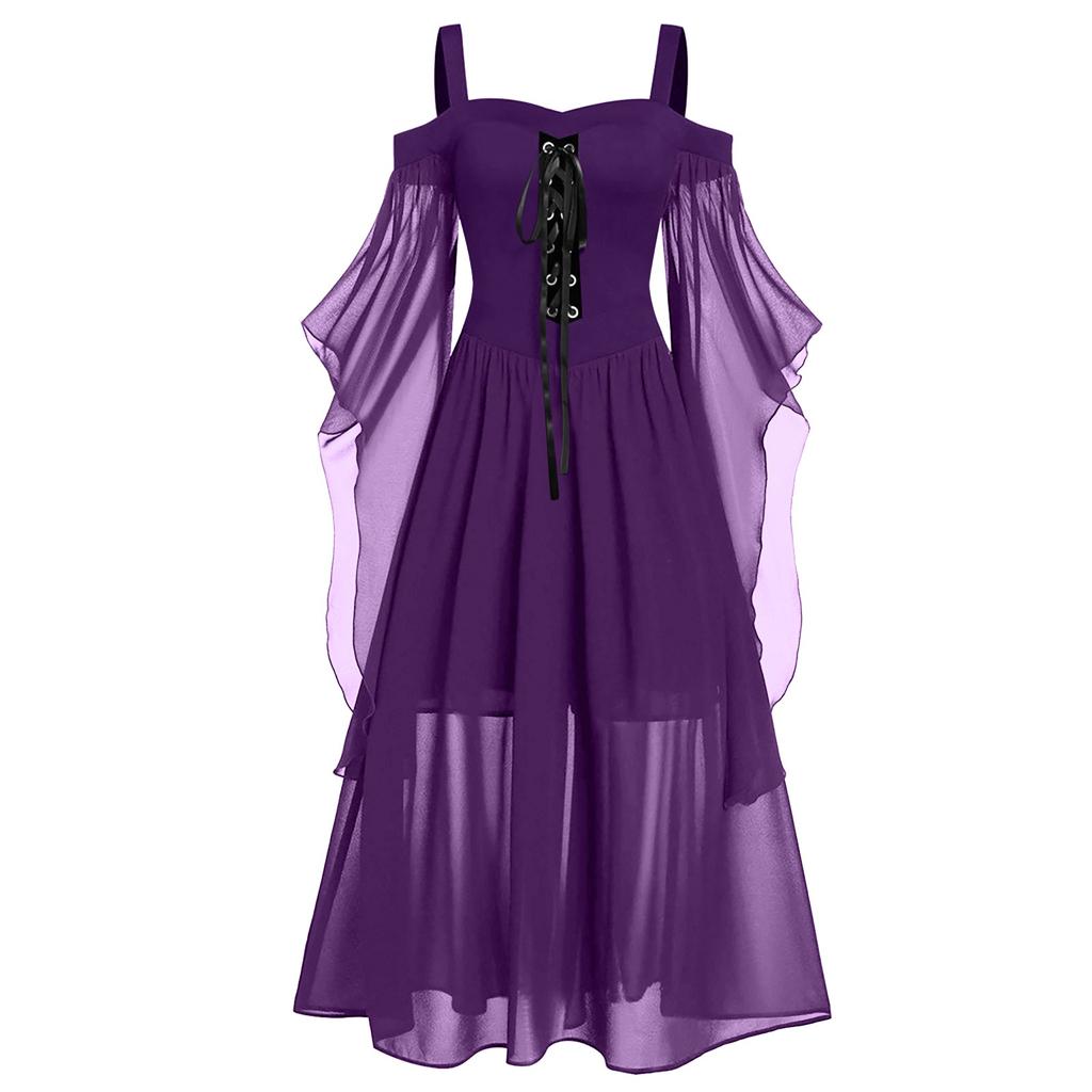 Women Plus Size Cold Shoulder Butterfly Sleeve Halloween Gothic Dress