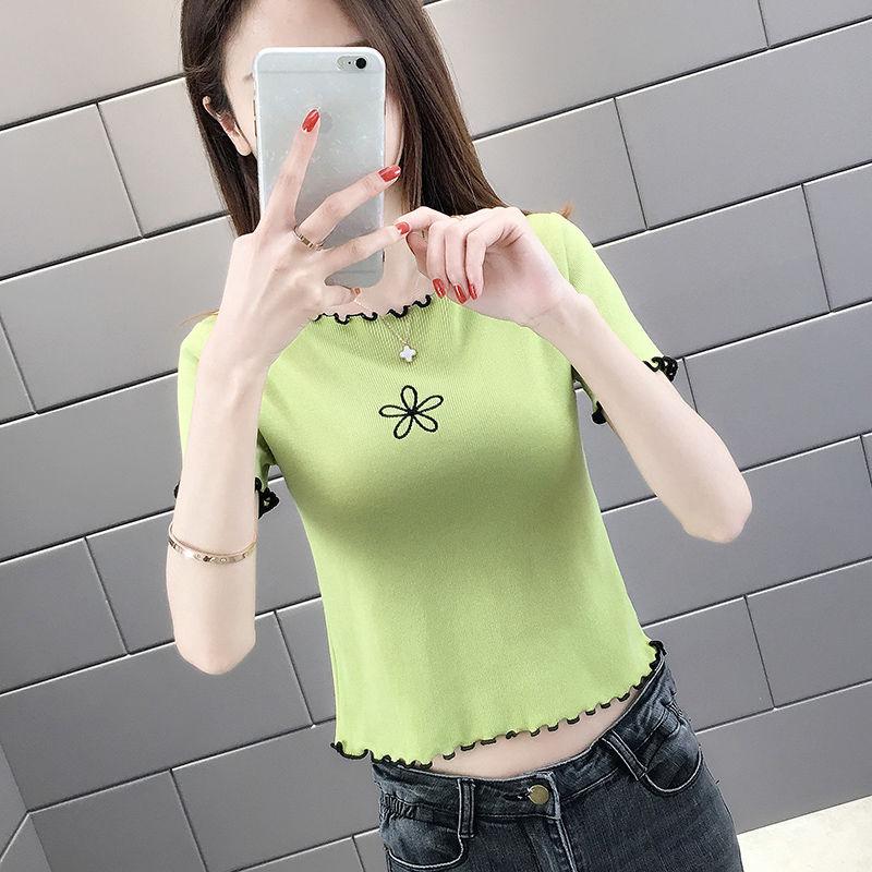 Женская кружевная трикотажная футболка с коротким рукавом из шелка, летний облегающий крой и стильный топ