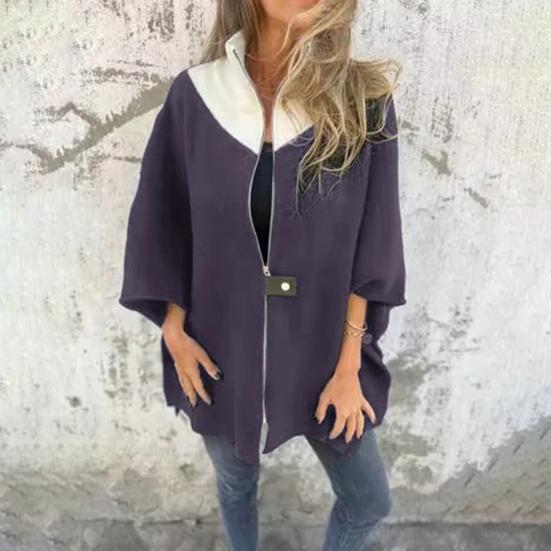Fall Winter Women Jacket Loose Stand Collar Colorblock Zipper Closure Three-quarter Horn Sleeves Mid Length Casual Daily Wear