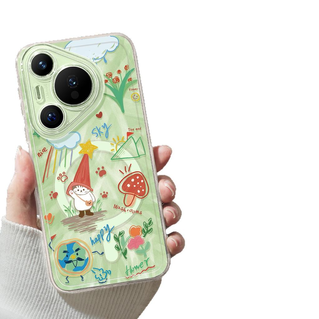 Mobile phone case with bracket is suitable for Huawei pura90promax graffiti cat 80ultra magnetic suction 70 + summer cover.