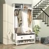 Coat Rack with Hooks and Wardrobe Shoe Bench, Metal & MDF, White & Grey