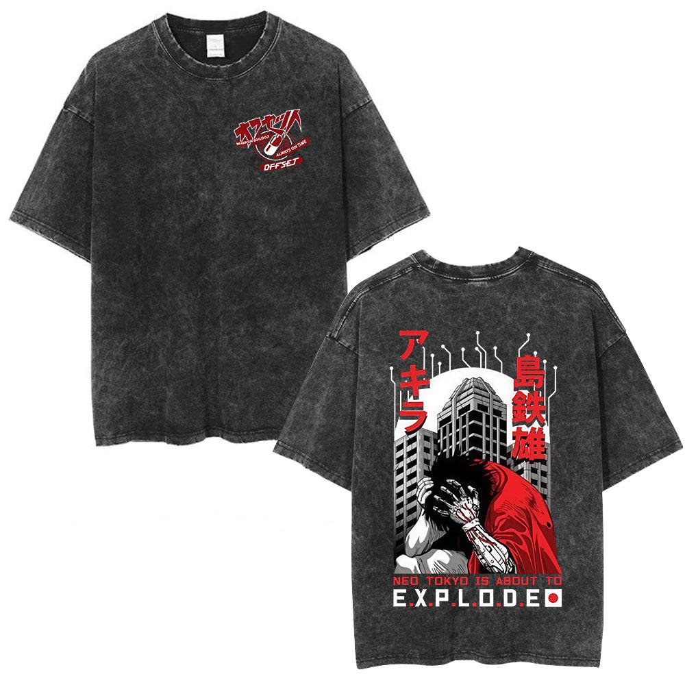 Anime Akira Vintage Washed T Shirts 90s Japanese Manga Shotaro Kaneda Tshirt Men Women Clothing Oversized Tshirts Streetwear