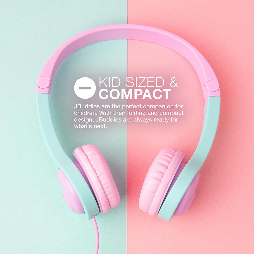 JLab JBuddies Folding Headphones for Ages Volume Limiting Automatically Cuts Sounds Above Children, 2+, Wired, Function, 85dB, Pink/Teal
