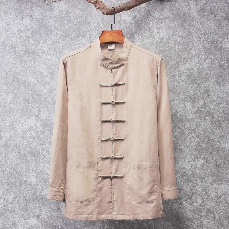 Мужская рубашка в китайском стиле ханьфу с длинными рукавами - смесь хлопка и льна, коллекция весна/осень