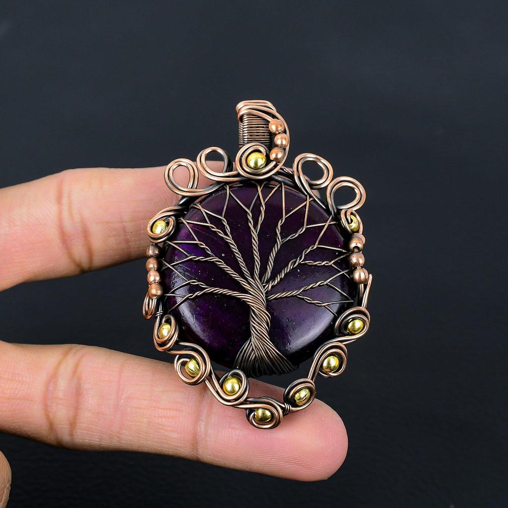 Tree Of Life Purple Flash Labradorite Gemstone Handmade Copper Wire Wrap Jewelry Pendant For Women