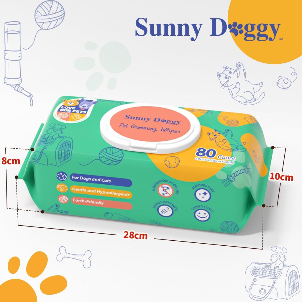 SUNNY DOGGY Pet Wet 80 листов x 6 для протирания лап собак, вокруг ушей и всего тела, влажные салфетки для безопасного и большого размера, штук, лист,
