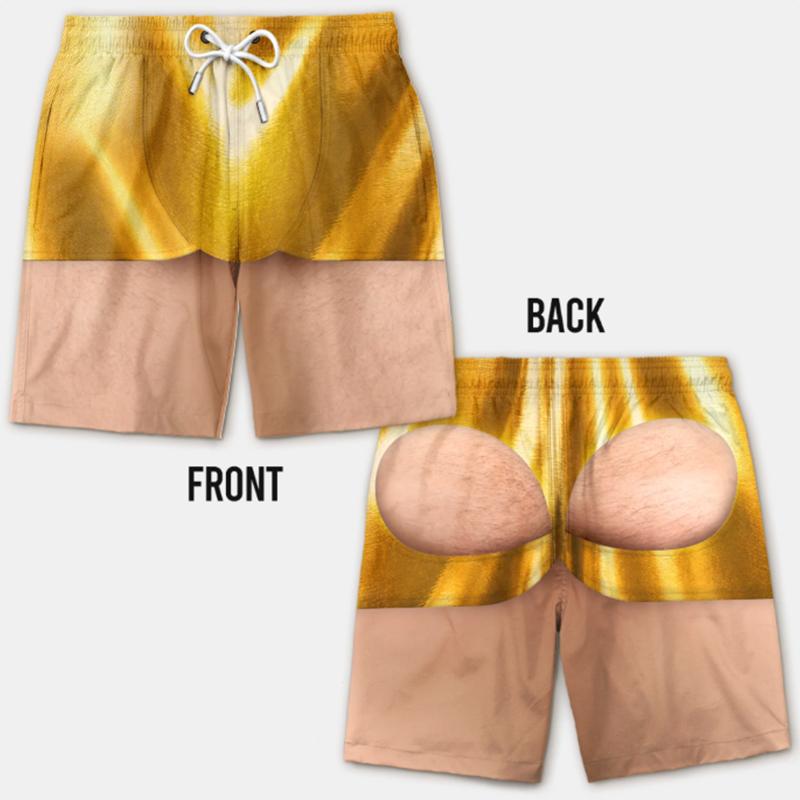 Men 3D Illusion Fake Butt Prank Swim Trunks Drawstring Board Shorts Leopard USA Flag Loose Beach Shorts Funny Gag Gift