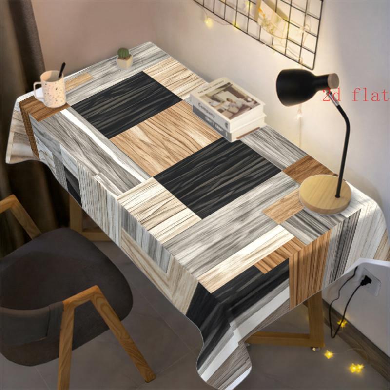2D Flat 1pc - Rectangular Tablecloth/Cover, Modern Minimalist Wood Grain Patchwork Pattern, Black-Brown-Gray-White Color Scheme, 100% Polyester, Machi