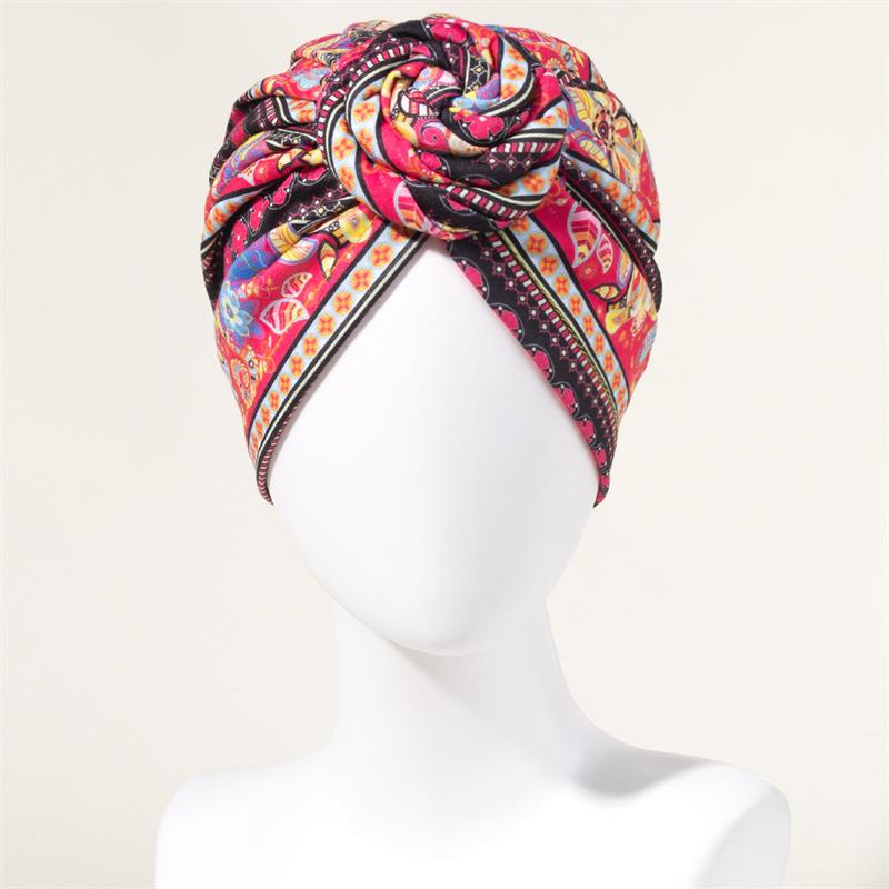 New African Print Pleated Turban Floral Beanie Pre Tied Front Knot Elastic Head Wrap Elegant Women Chemo Cap Bandana Headwear