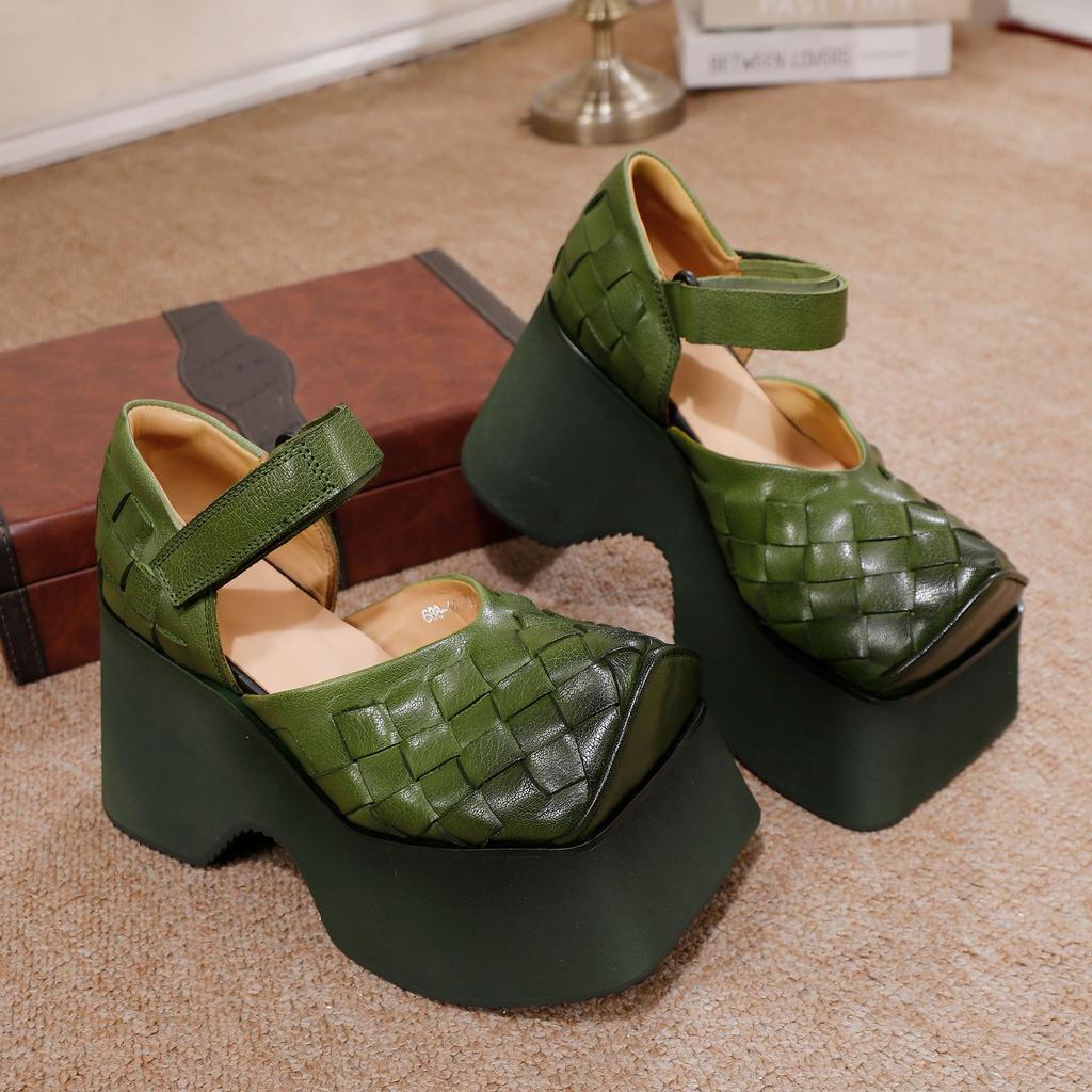 Johnature Женские босоножки на танкетке 10 см, плетеные из коровьей кожи, с толстой подошвой, ретро, из натуральной кожи