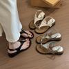 Niche High-end Metal Cover Toe Flat-bottomed Casual Sandals for Women's 2025 Summer New One-word Strap Sandals with Simple Temperament