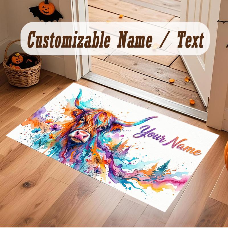 Highland Cow Theme Soft Crystal Velvet Rug Custom Name & Text Print Non Slip Floor Rug for Bedroom Living Room