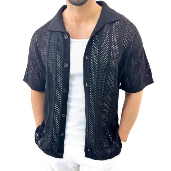 Мужская винтажная трикотажная рубашка с коротким рукавом и лацканами, повседневная однотонная рубашка на пуговицах для повседневной носки на работу и отдых