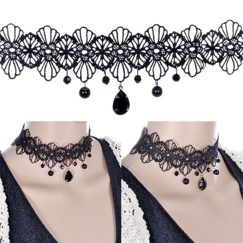 Fashion Gothic Black Lace Retro Choker Collar Flower Pendant Necklace Jewelry