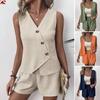Women's Sleeveless V-Neck Vest and Shorts Set In Beige, Green, Orange, Navy - Casual Summer Outfit