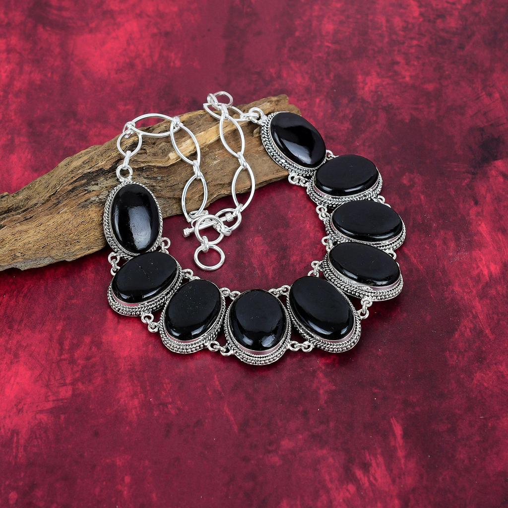 Black Tourmaline Natural Gemstone Jewelry, 925 Solid Sterling Silver Bracelet & Necklace ,Chain Handmade Jewelry Set For Gift