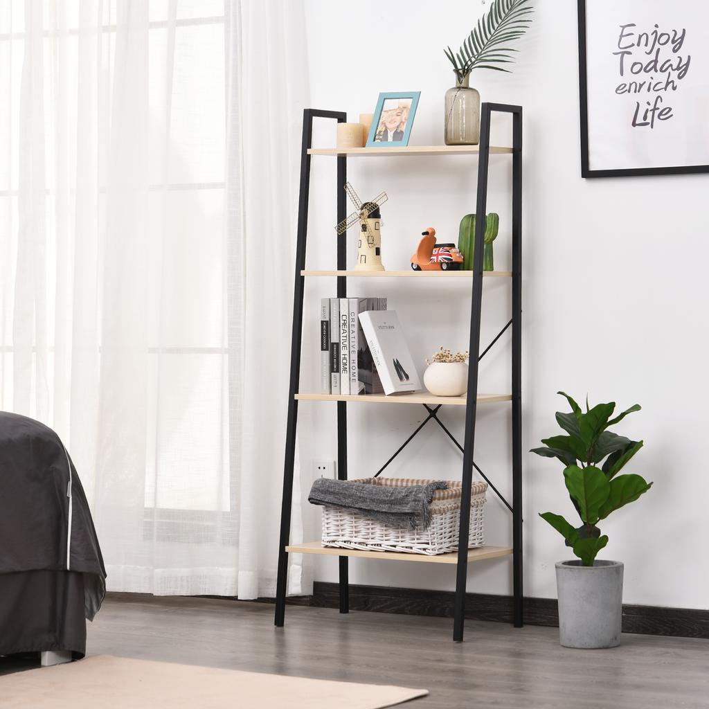Ladder Shelf, Bookshelf, 4-Tier Industrial Storage Rack for Living Room, Bedroom, Kitchen, Oak and Black