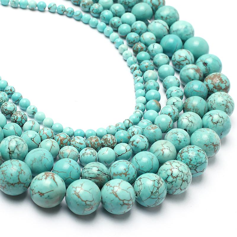 Круглые бусины из натурального камня бирюзы для изготовления ювелирных изделий 4 мм, 6 мм, 8 мм, 10 мм, 12 мм, 15 дюймов