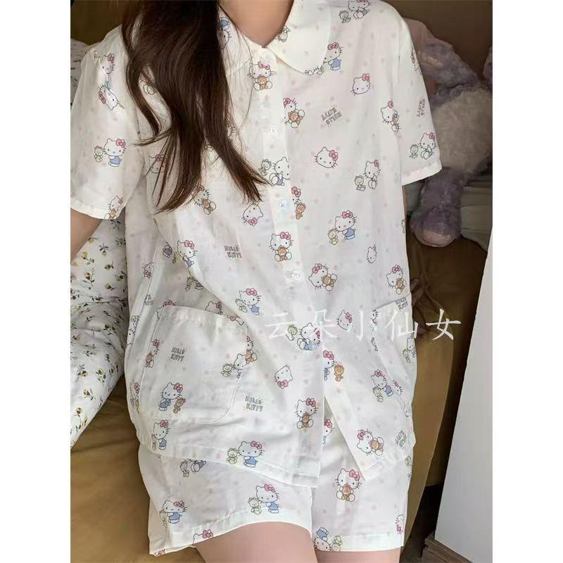 Sweet girl shaved ice bear pajamas women's summer short-sleeved shorts cute doll collar suit student dormitory loungewear