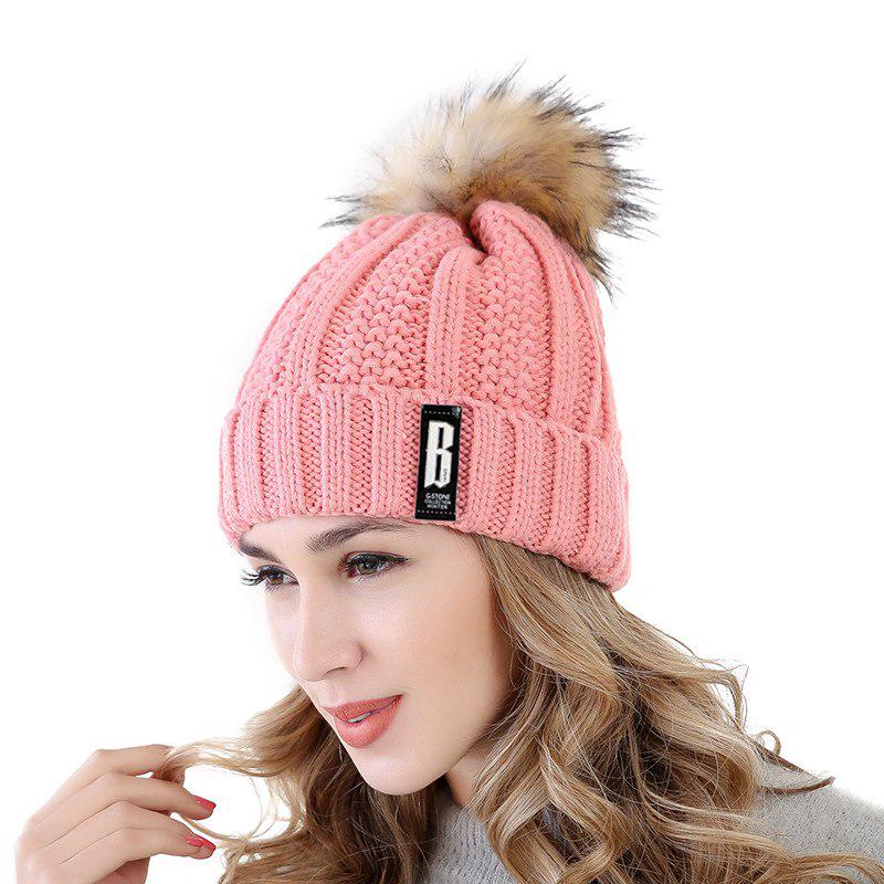 High Quality Letter B Cotton Beanies Wool Fur Pompom Winter Hat For Women Girls Warm Knitted Hat