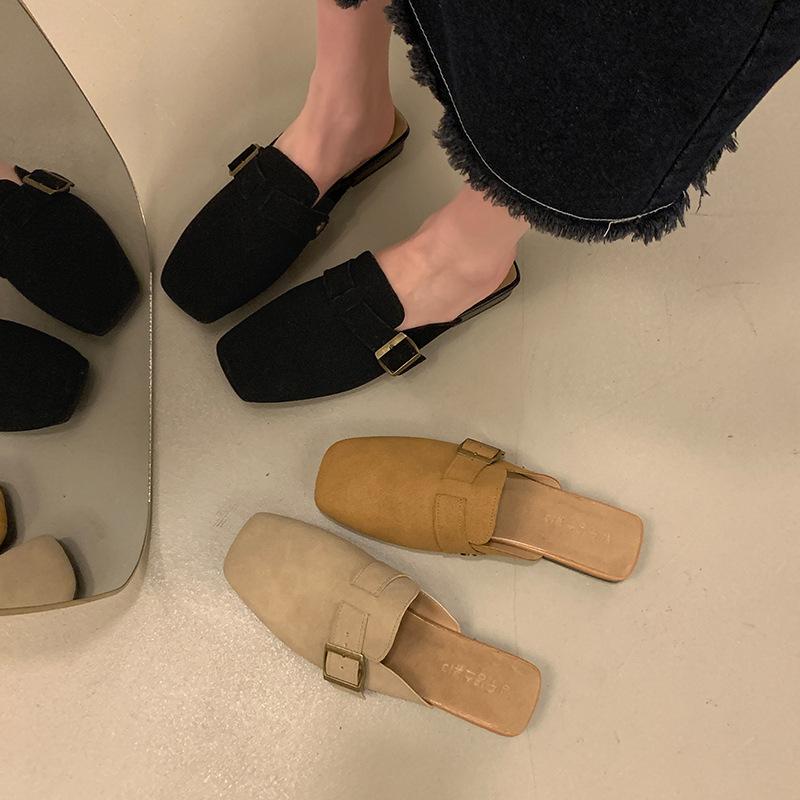 Мюли тапочки для женщин 2024 осень весна новые модные толстые низкие каблуки женские туфли верхняя одежда для девочек квадратная голова ленивые полутапочки