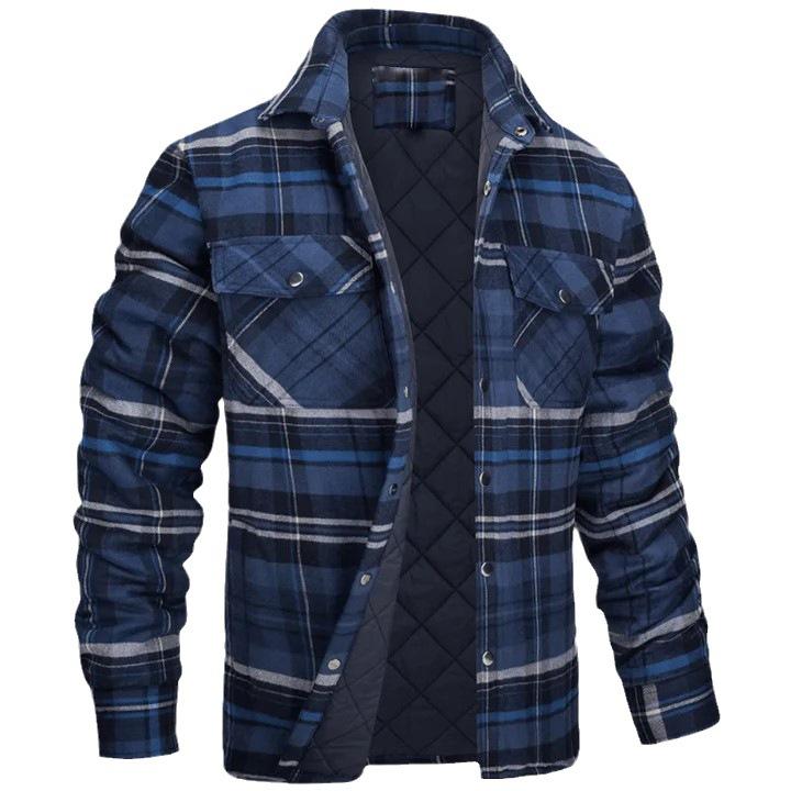Winter Plaid Cotton Jackets Mens Long Sleeve Quilted Lined Flannel Shirt Jacket Multi-Pockets Outwear Hiking Coats Tops