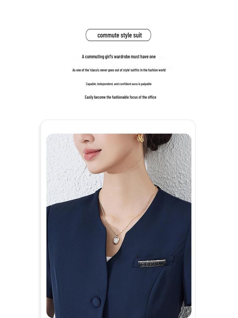 Женский темно-синий костюм с коротким рукавом - Летняя профессиональная одежда для стойки регистрации в отеле и ювелирном магазине.