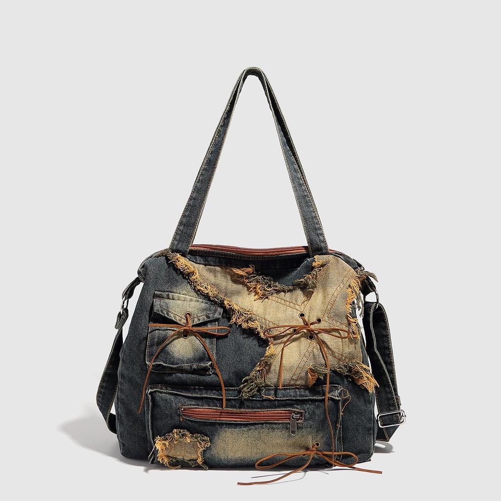 Женская джинсовая сумка-тоут большого объема в ретро-стиле, потертая, 2025
