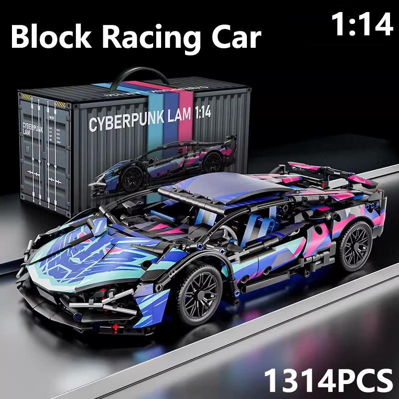 2024 New Technical Building Blocks Cyberpunk 1314PCS 1:10 Racing Car Static Model Or Remote Control Electric RC Car DIY Party Toy For Boy
