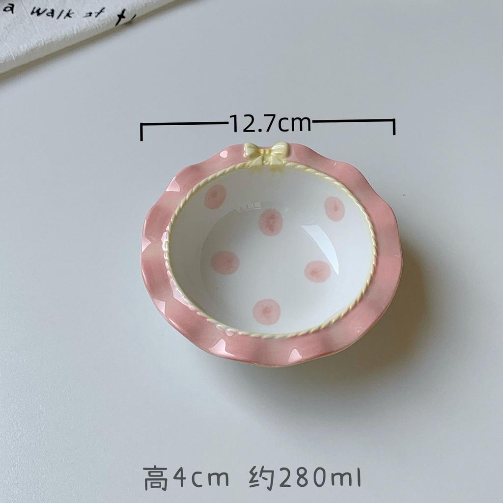 INS Style Korean Style Girl Heart Pink Ceramic Tableware Set Polka Dot Bow Cute Small Bowl Rice Bowl Deep Plates Cute Plates