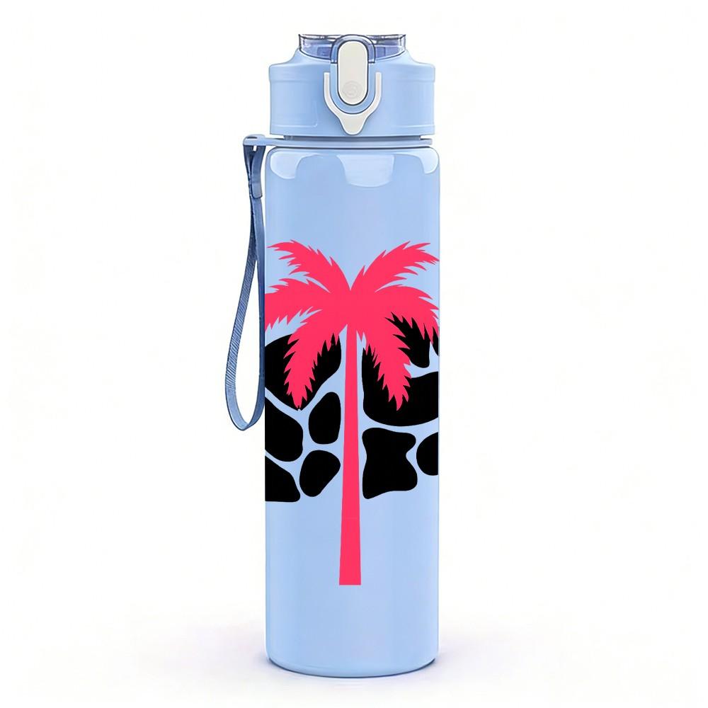 1PC Palm Tree Cow Pattern 750ml Color Plastic Sports Water Bottle Leakproof Flip Straw Lid Suitable for Sports Office Home Use