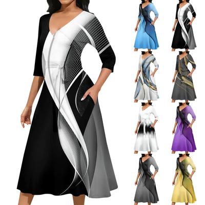 Женское повседневное модное платье миди с V-образным вырезом и рукавом три четверти