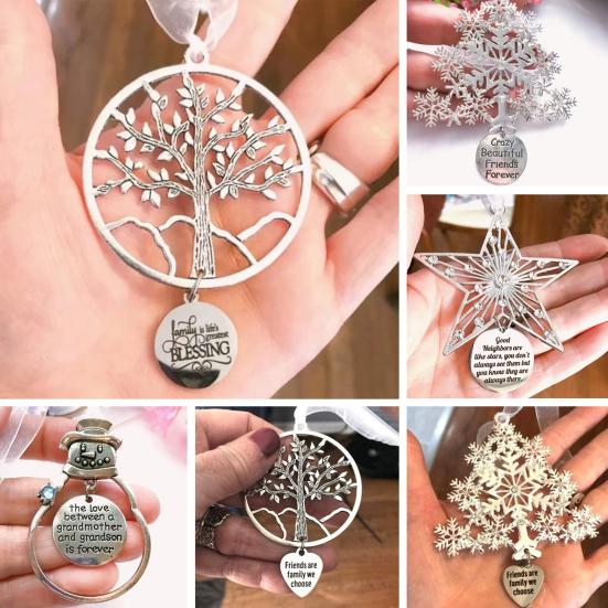 Christmas Friendship Charm Gift Metal Hanging Snowflake/Star/Round/Snowman Shaped Decoration with Blessing Inscription Love for Friend Family