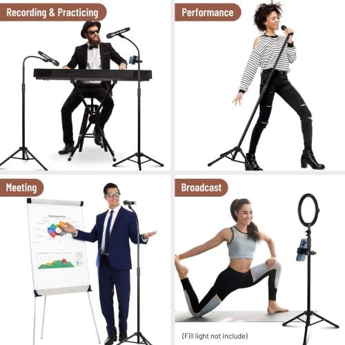 CAHAYA [Latest 2-Way Design with Cell Phone Holder] Gooseneck Microphone Stand, Straight, Height Adjustable from 83-187cm, Includes 1 Gooseneck Arm, 1