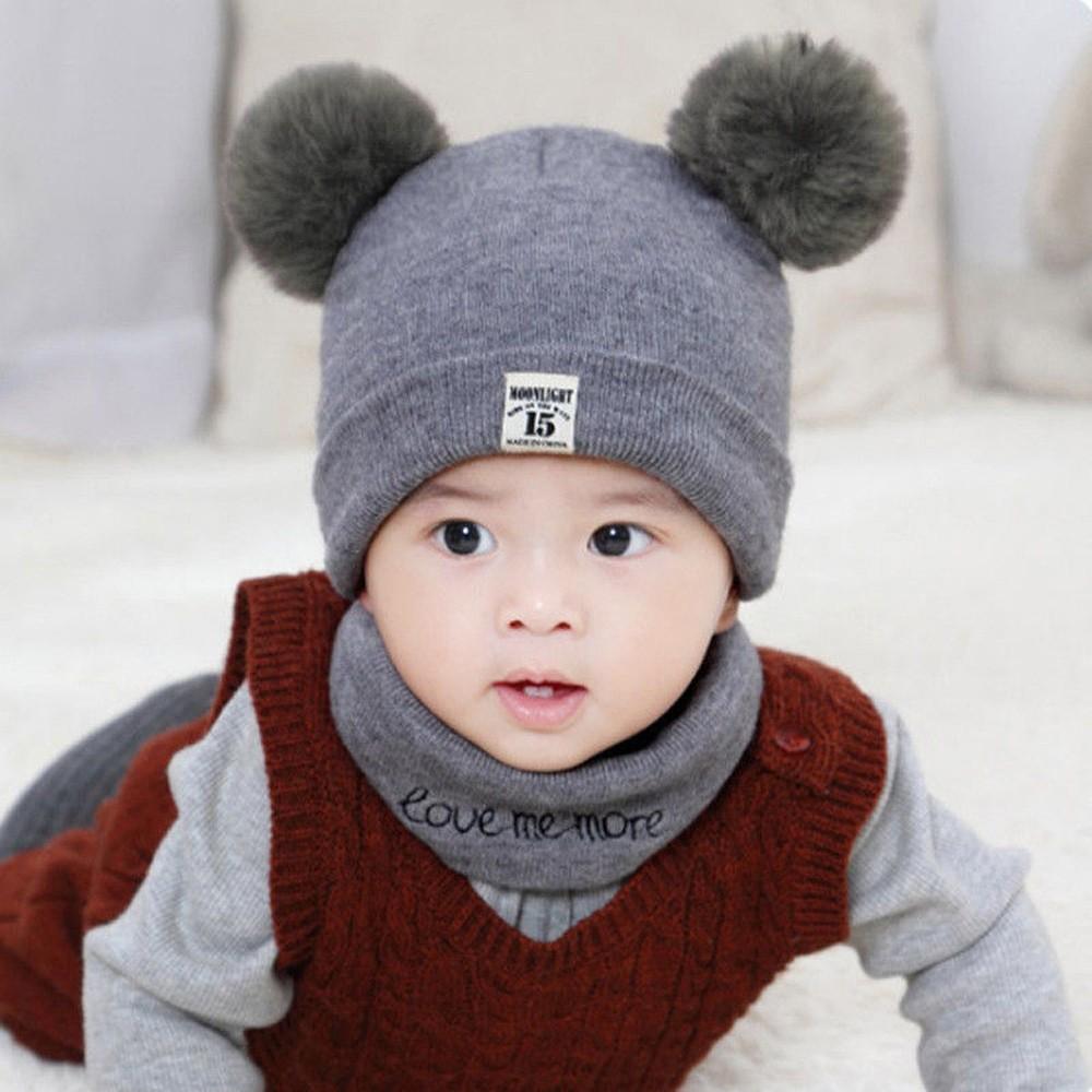 Шапка с помпоном для новорожденных детей, зимняя теплая вязаная шапка, шарф, комплект