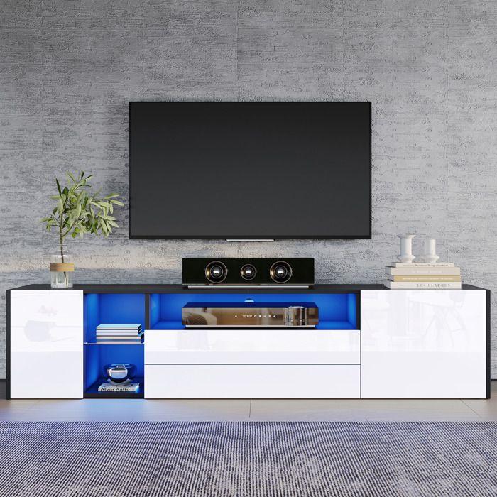 Meuble TV laqué brillant, noir et blanc, avec éclairage LED, 2 tiroirs et 2 placards, meuble de salon, 180 x 40 x 45 cm