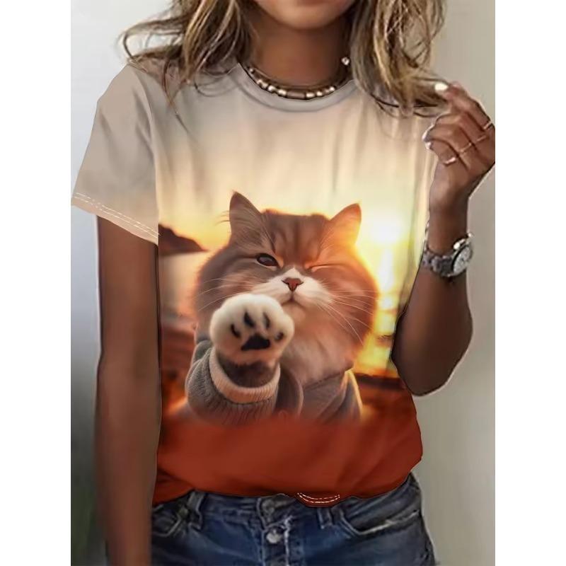 Летняя Мода Женская Футболка Кот Собака Животный Принт Принт 3D Печать Короткий Рукав Топы Девочка Свободная Повседневная Свободная Оверсайз Одежда для Улицы