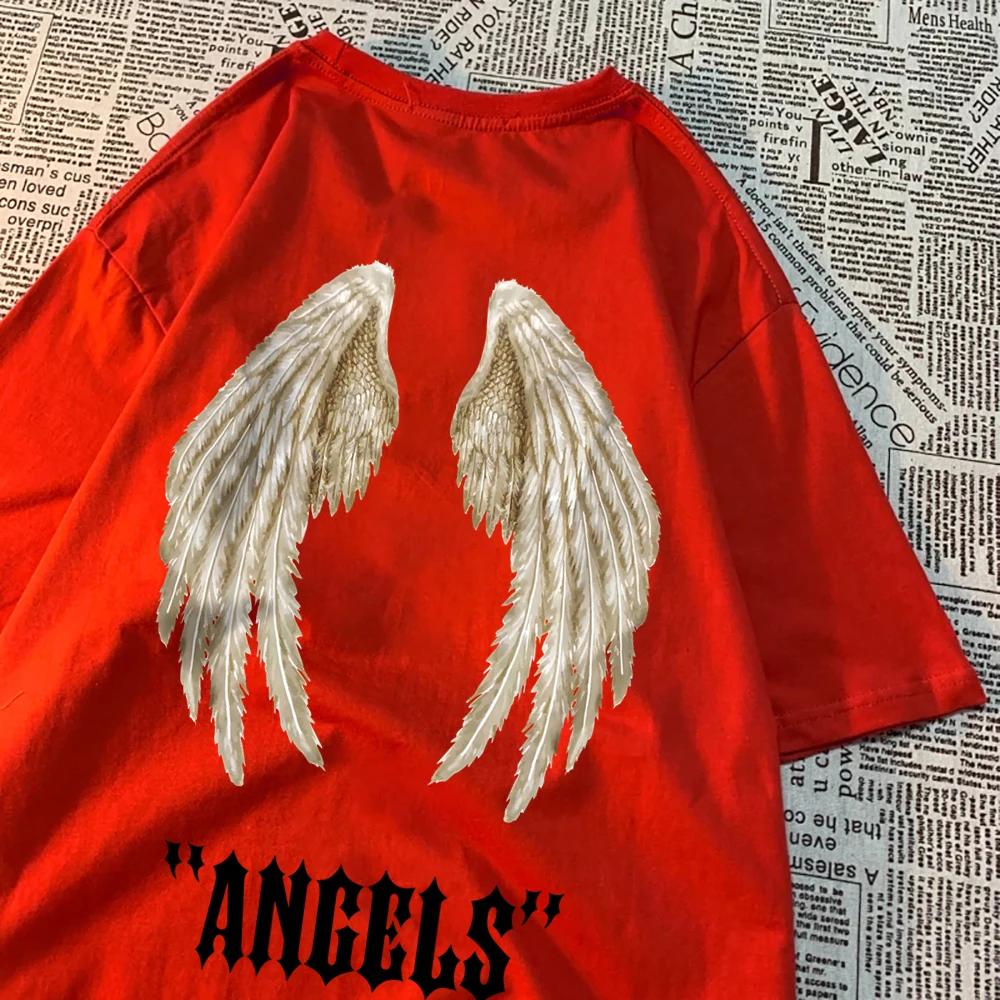 Мужская футболка свободного кроя в стиле хип-хоп с изображением крыльев ангела - летняя повседневная одежда из хлопка для пар