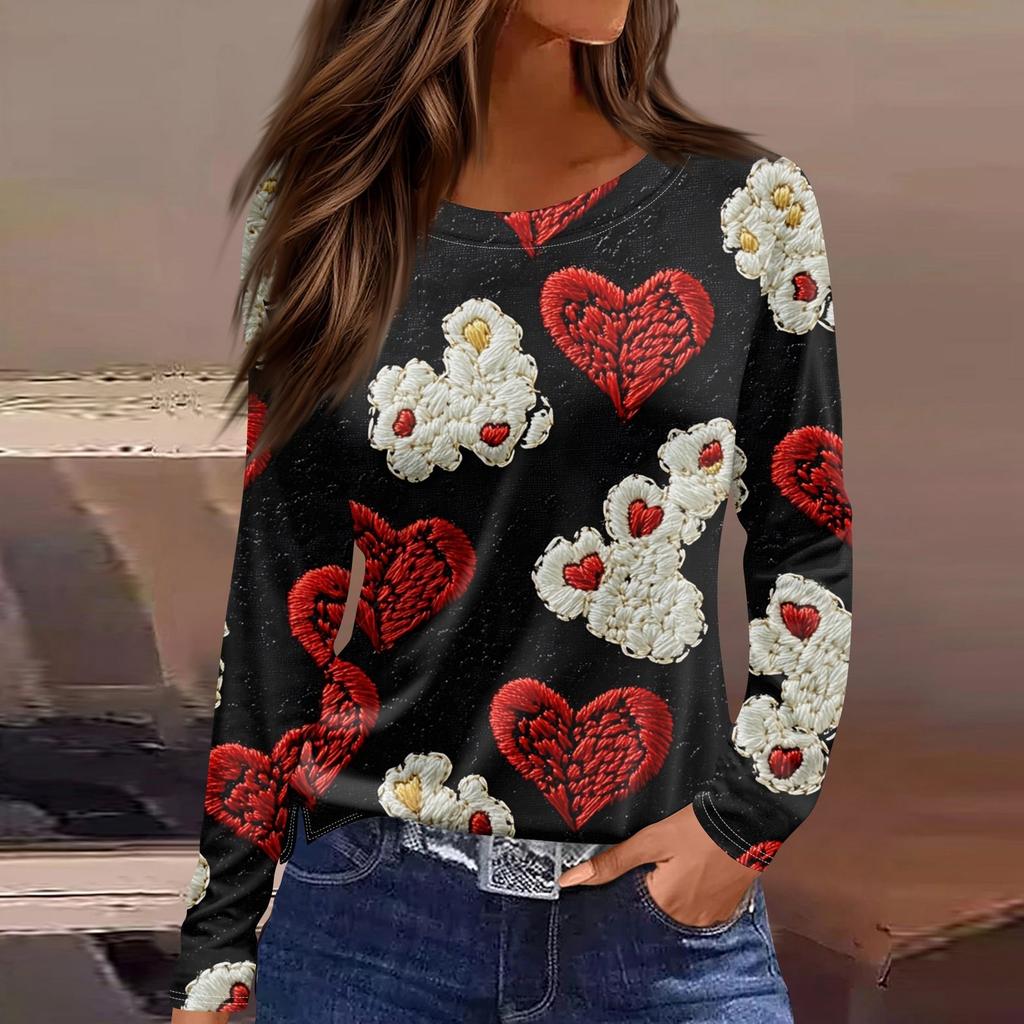 Women's Fashion Valentine's Day Printed Round Neck Casual  Long Sleeve Top