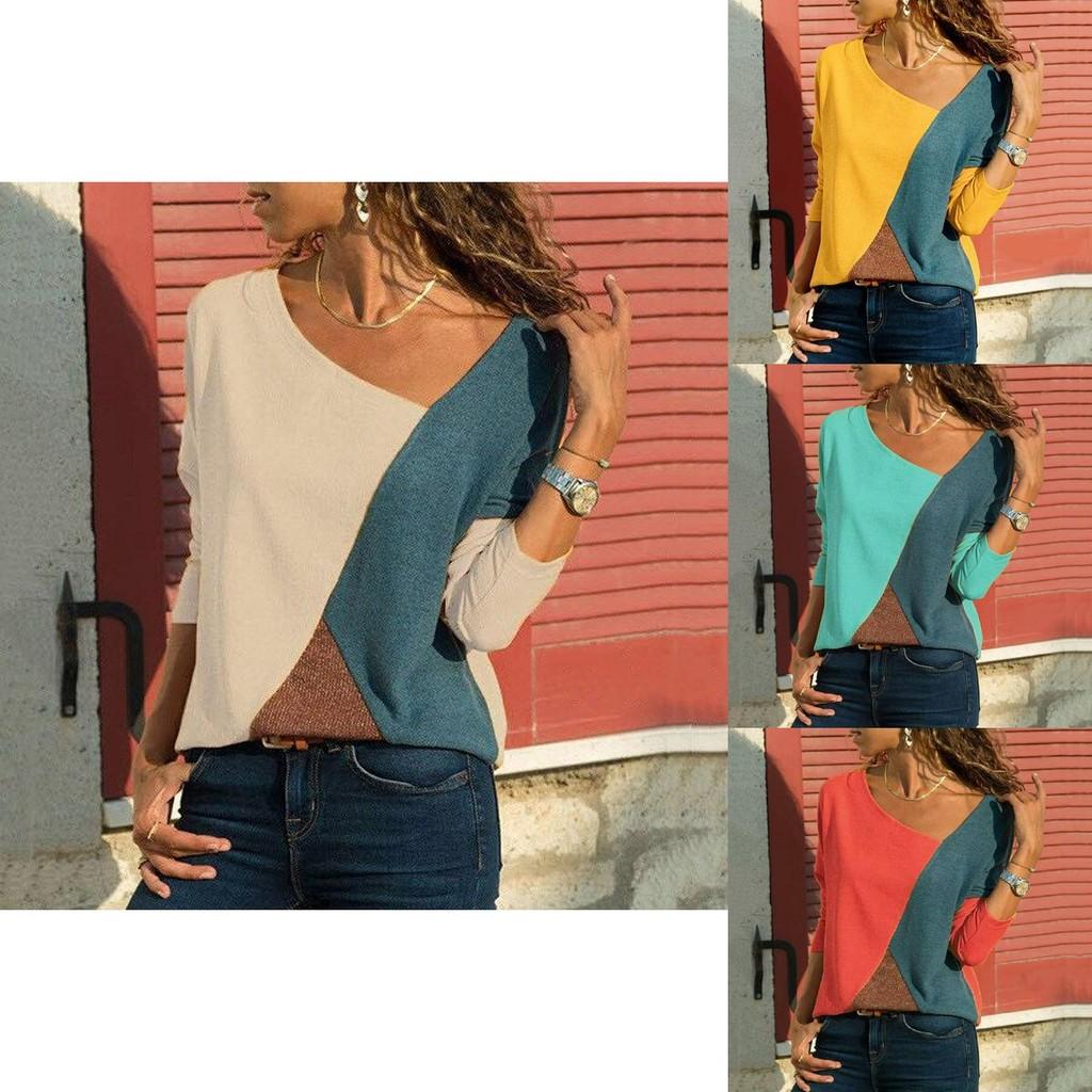 Элегантные женские футболки с длинным рукавом, круглым вырезом, пэчворком, пуловер, облегающие женские топы