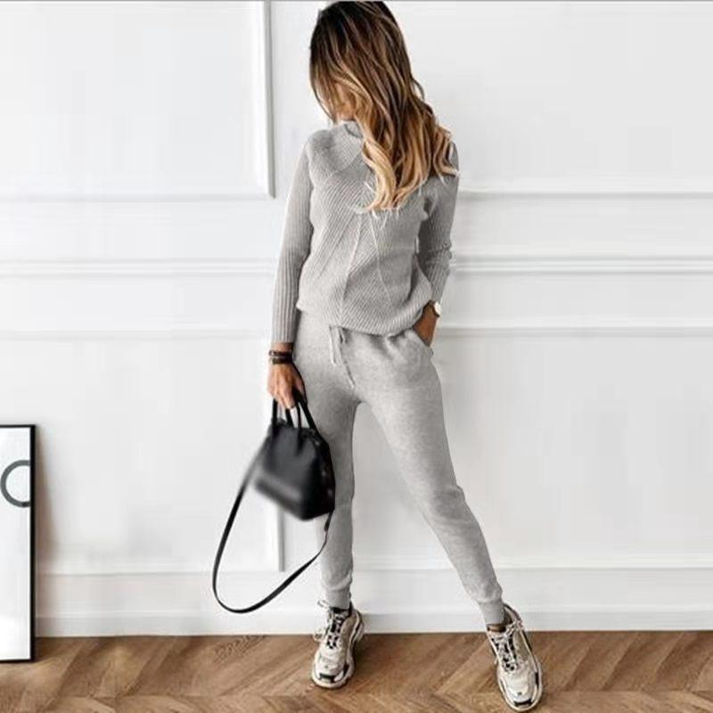 Women's Solid Color Sweater Set Fashion Casual Thread Turtleneck Pullovers Elastic Trousers Knitted Two Piece Sets Autumn Winter