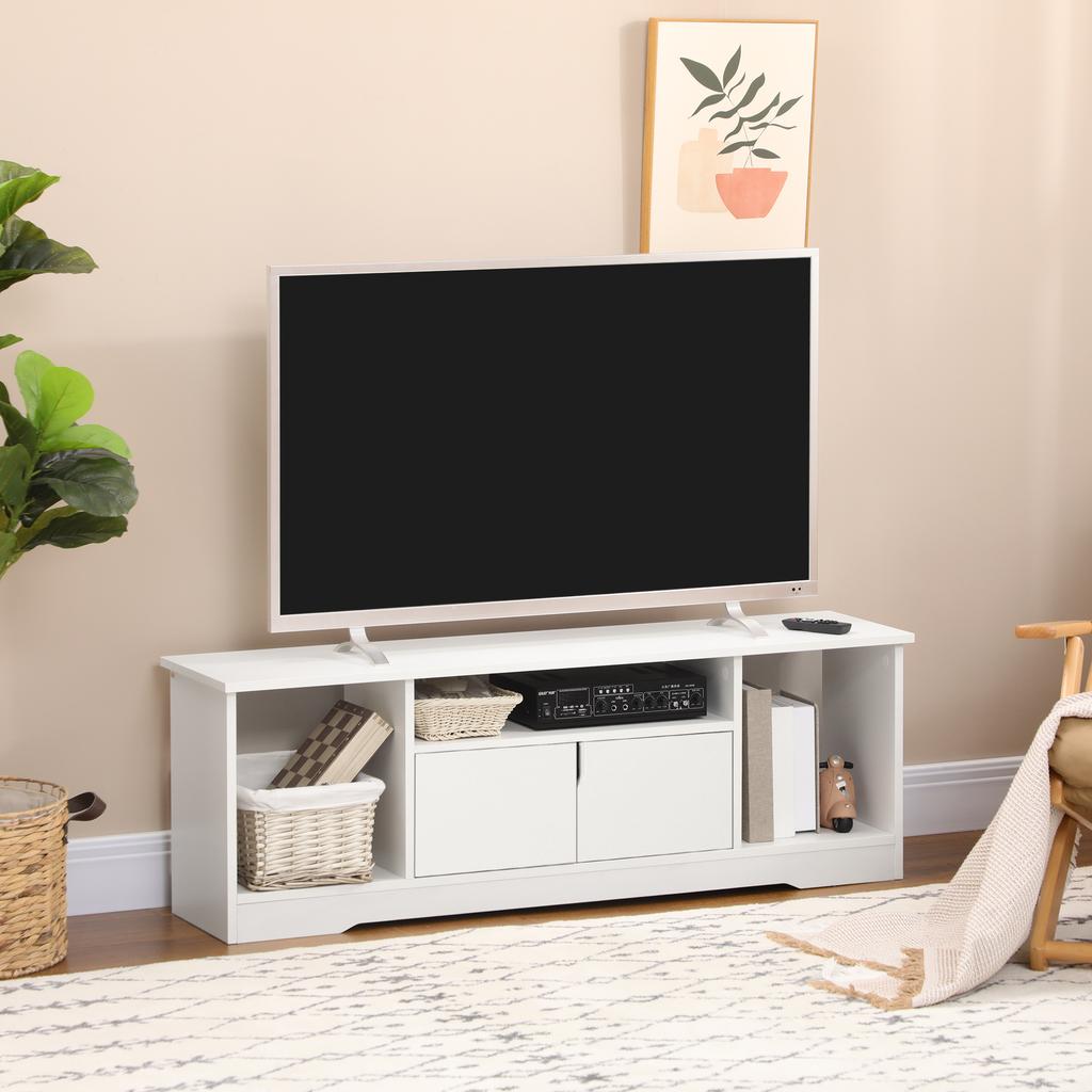 TV Cabinet TV Bench Contemporary Design - 3 Open Compartments, Double Door Cupboard - Dim. 120L x 30W x 41H cm - White Particle Board