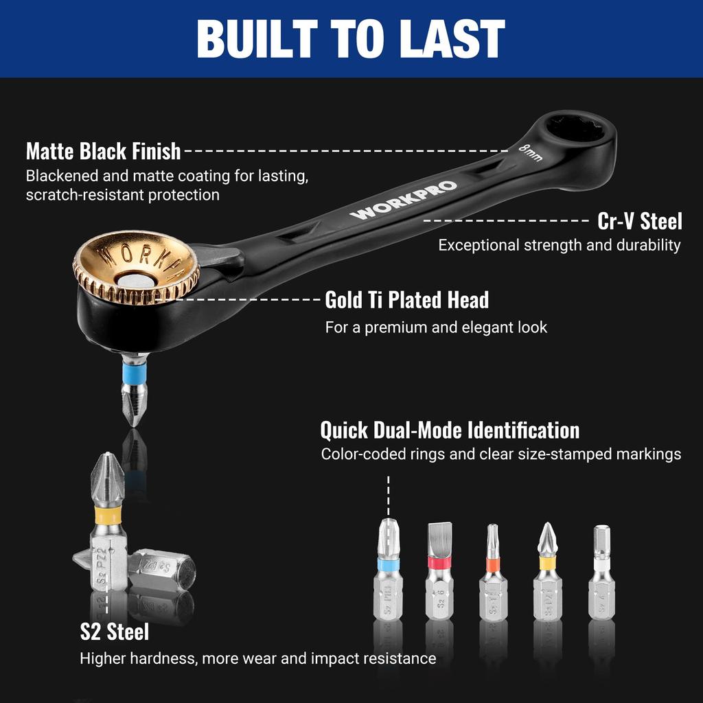 WORKPRO Трещоточный гаечный ключ Набор бит-отверток Мини-трещотка Трещотка Удлинитель Трещоточный Хранение бит и Пряжка-табурет для и Автомобильный Набор из 34 предметов, Набор, Набор, 6,35 мм