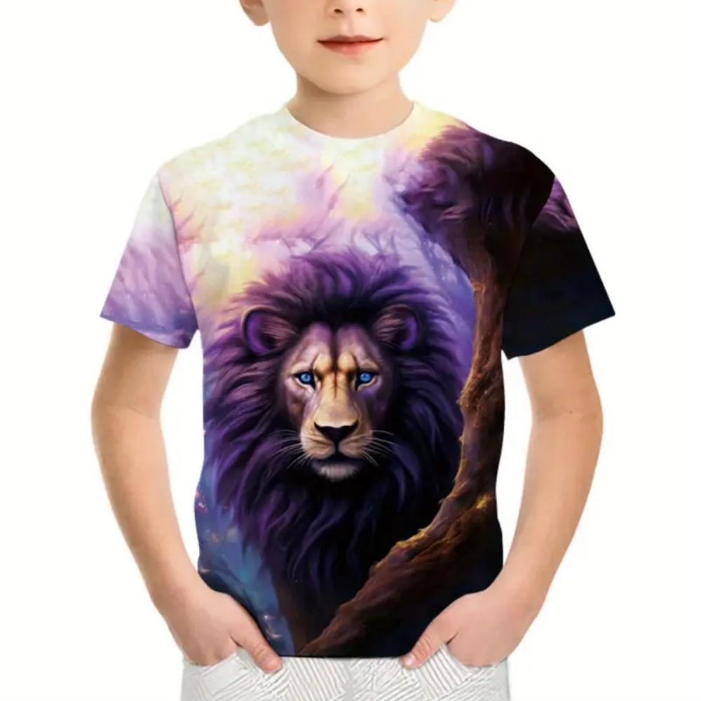 Boys Kids Clothes Print Fierce Lion Graphic T Shirts Summer Outdoor Crew Neck Short Sleeves Casual Outdoor Clothes for Children