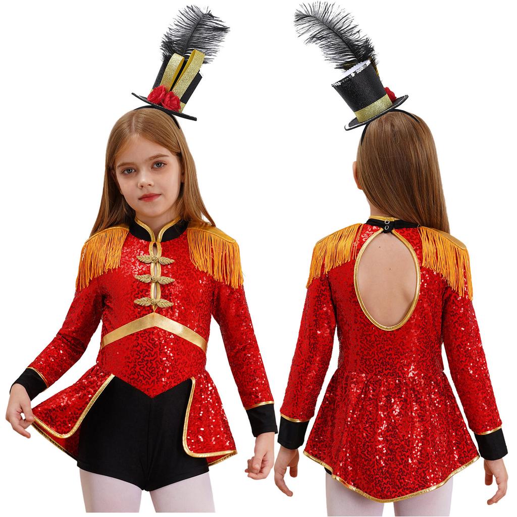 Girls Circus Drummer Costume Long Sleeve Sequined Bodysuit Fringe Epaulet Shoulder Mini Top Hat Accessory