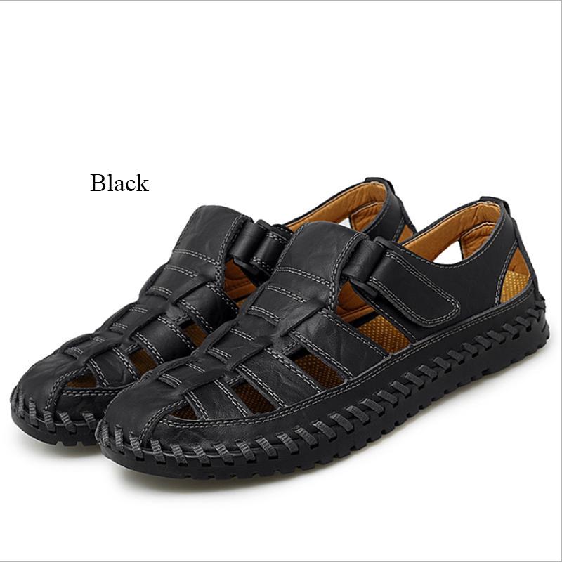 Летние мужские сандалии из воловьей кожи, повседневная мужская обувь большого размера, сшитая вручную, дышащая уличная пляжная обувь с открытыми отверстиями