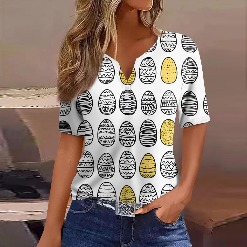 Women's T Shirt Print Button Short Sleeve Daily Weekend Fashion Basic V- Neck Regular Top