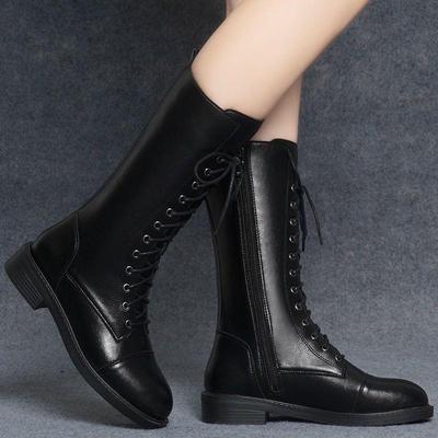 Женские теплые мягкие кожаные ботинки Мартина на флисовой подкладке, Осень/Зима 2025, Высокие плоские ботинки до середины икры для снега.