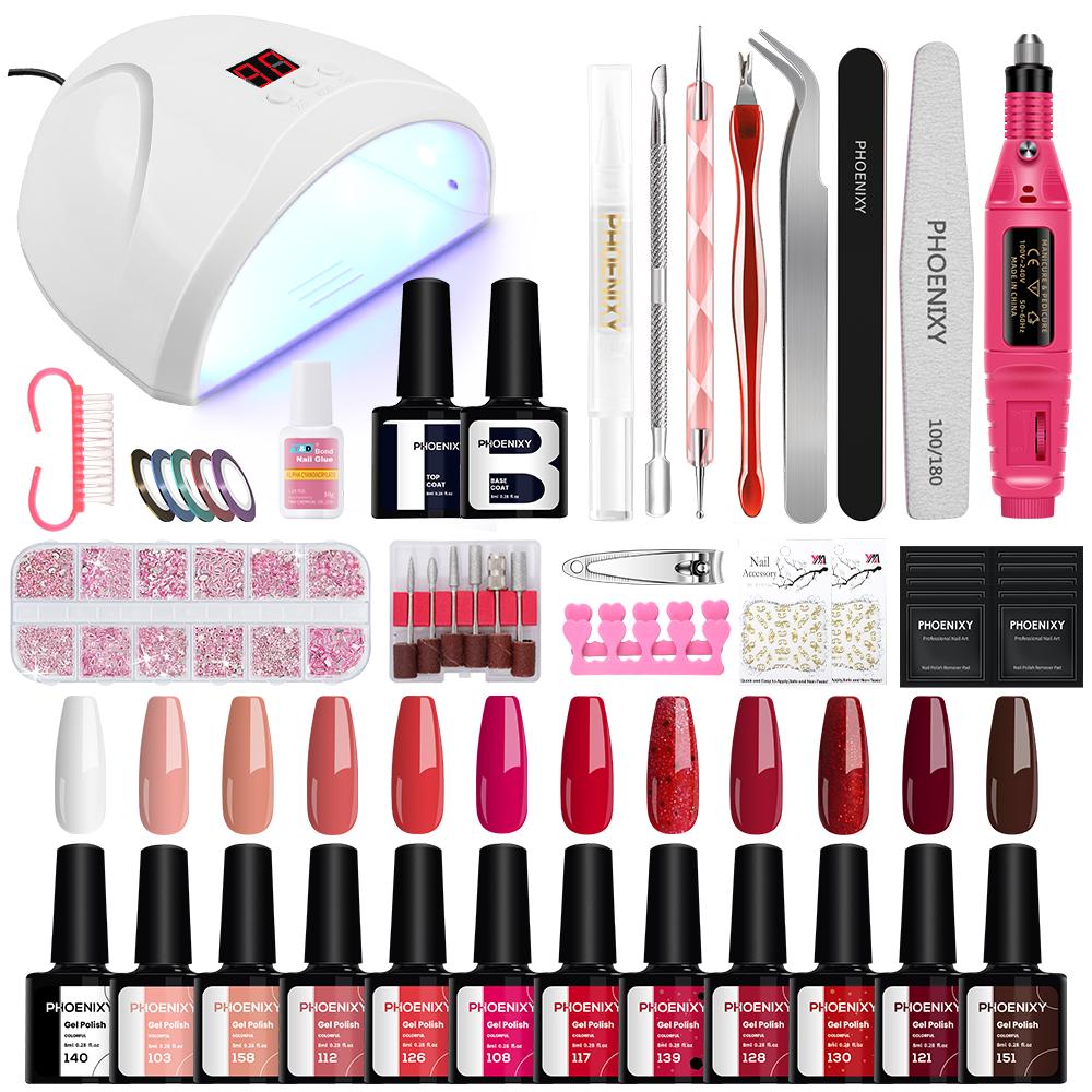 Лампа для ногтей PHOENIXY, 36 Вт, гель-лак для ногтей, фреза для ногтей, маникюрный набор для замачивания и инструменты для украшения дизайна ногтей, набор гель-лаков, профессиональный набор для ногтей