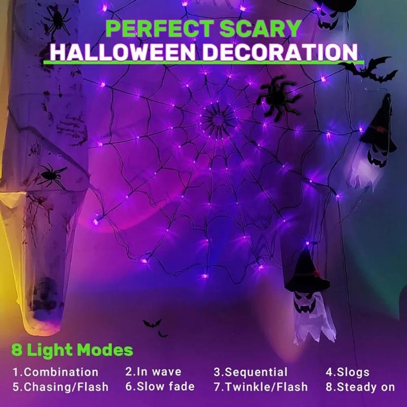 Spider Web Shaped LED String Lights Color Changing Halloween Decorative Lights for Porch Fence Window Ghost Party Festival Atmosphere
